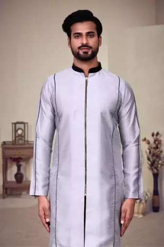 Grey art silk plain front zip kurta with pajama
