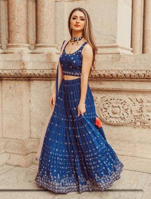 ROYAL BLUE EMBROIDERY WORK GEORGETTE FABRIC PARTY WEAR LEHENGA CHOLI WITH DUPATTA. 2