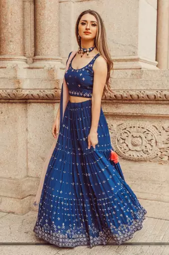 ROYAL BLUE EMBROIDERY WORK GEORGETTE FABRIC PARTY WEAR LEHENGA CHOLI WITH DUPATTA.