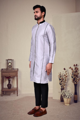 Grey art silk plain front zip kurta with pajama 3