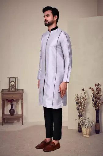 Grey art silk plain front zip kurta with pajama