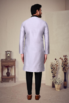 Grey art silk plain front zip kurta with pajama 4