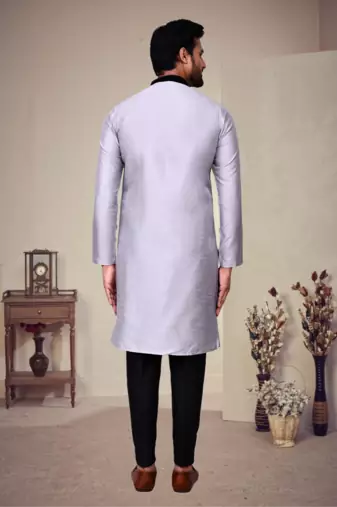 Grey art silk plain front zip kurta with pajama