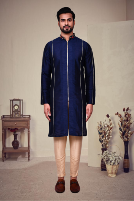 Blue art silk plain front zip kurta with pajama 1