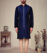 Blue art silk plain front zip kurta with pajama