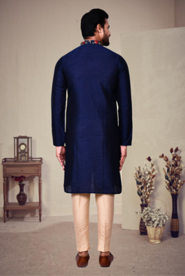 Blue art silk plain front zip kurta with pajama 2