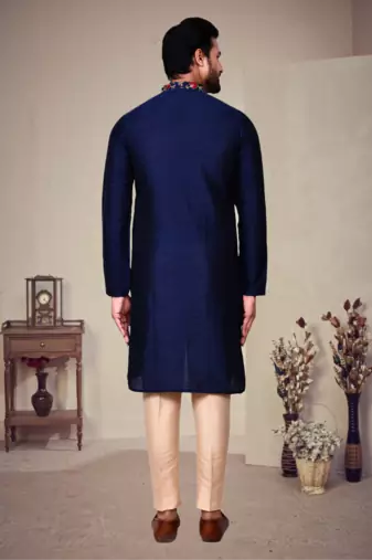 Blue art silk plain front zip kurta with pajama
