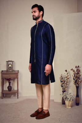 Blue art silk plain front zip kurta with pajama 3