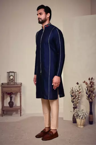 Blue art silk plain front zip kurta with pajama