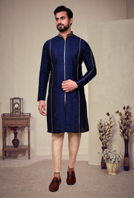 Blue art silk plain front zip kurta with pajama 4