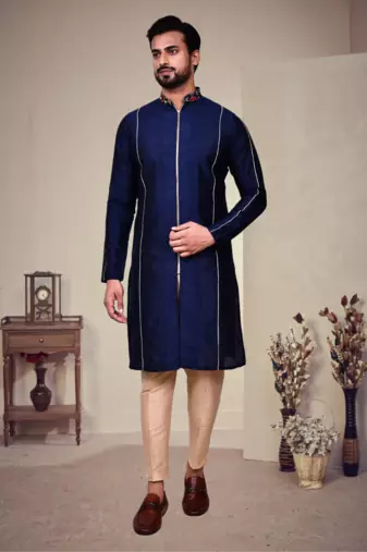Blue art silk plain front zip kurta with pajama