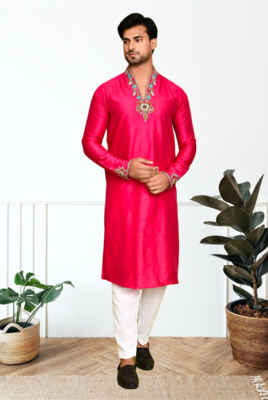 Red art silk embroidery kurta pajama 1