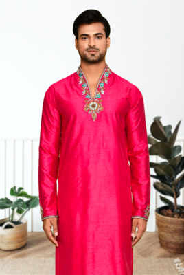 Red art silk embroidery kurta pajama 3