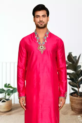 Red art silk embroidery kurta pajama