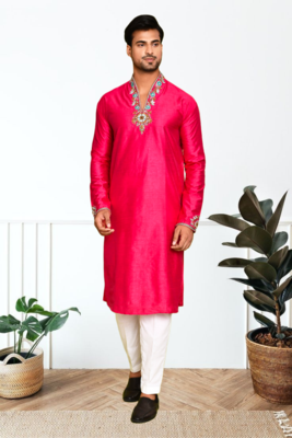 Red art silk embroidery kurta pajama 4