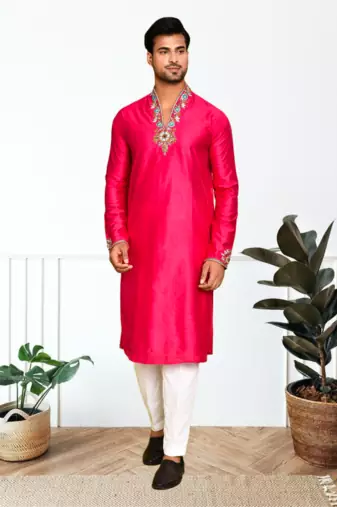 Red art silk embroidery kurta pajama