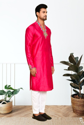 Red art silk embroidery kurta pajama 5