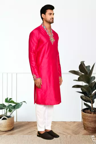 Red art silk embroidery kurta pajama