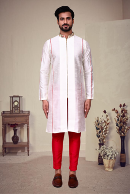 White art silk plain front zip kurta with pajama 1