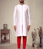 White art silk plain front zip kurta with pajama