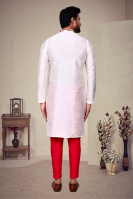 White art silk plain front zip kurta with pajama 2