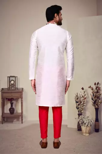 White art silk plain front zip kurta with pajama