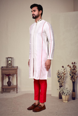 White art silk plain front zip kurta with pajama 3