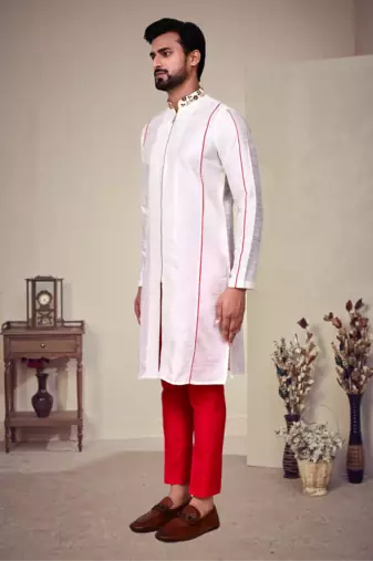 White art silk plain front zip kurta with pajama