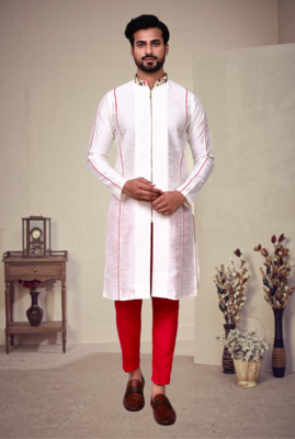 White art silk plain front zip kurta with pajama 4
