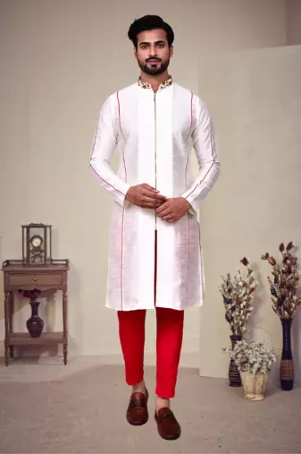 White art silk plain front zip kurta with pajama