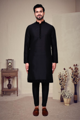 Black embroidery art silk kurta pajama 1