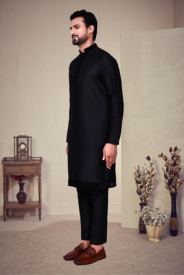 Black embroidery art silk kurta pajama 3