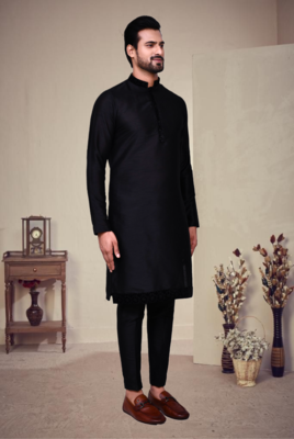 Black embroidery art silk kurta pajama 4