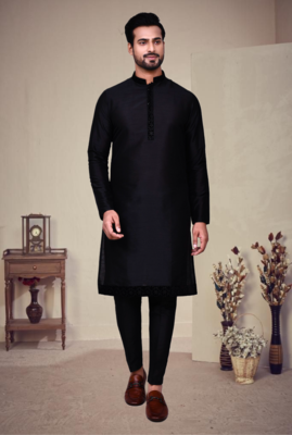 Black embroidery art silk kurta pajama 5