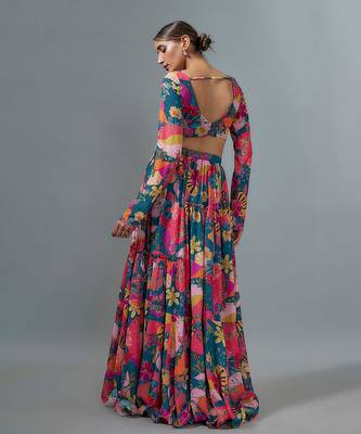 Rama Blue Multicolor Georgette Floral Print Lehenga Set with Teal Net Dupatta  2
