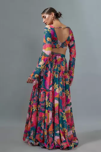 Rama Blue Multicolor Georgette Floral Print Lehenga Set with Teal Net Dupatta 