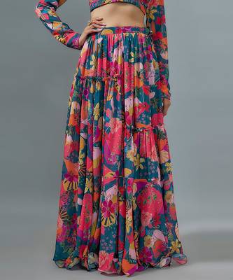 Rama Blue Multicolor Georgette Floral Print Lehenga Set with Teal Net Dupatta  3