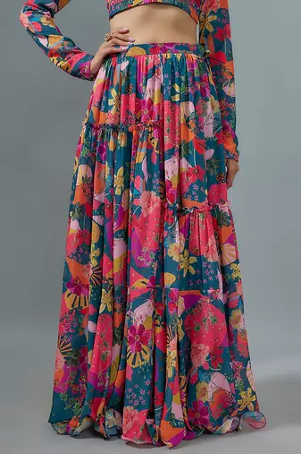 Rama Blue Multicolor Georgette Floral Print Lehenga Set with Teal Net Dupatta 