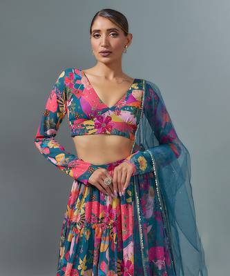 Rama Blue Multicolor Georgette Floral Print Lehenga Set with Teal Net Dupatta  4