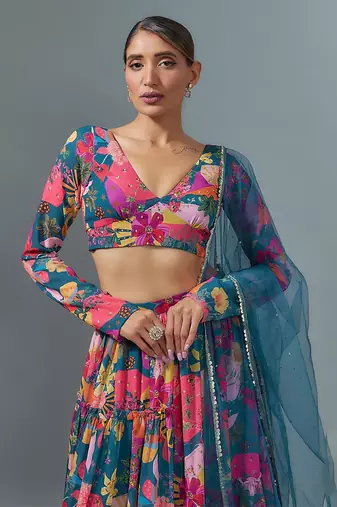 Rama Blue Multicolor Georgette Floral Print Lehenga Set with Teal Net Dupatta 
