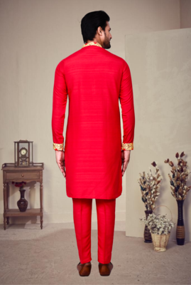 Red art silk embroidery kurta pajama 2