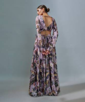 Lilac Georgette Lehenga Choli with Multicolor Floral Prints 4