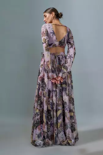 Lilac Georgette Lehenga Choli with Multicolor Floral Prints