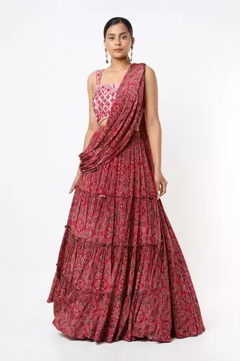 Pink Viscose Printed & Embellished Draped Lehenga Set