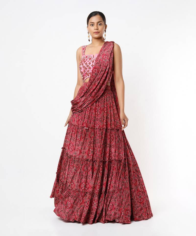 Pink Viscose Printed & Embellished Draped Lehenga Set