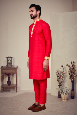 Red art silk embroidery kurta pajama 3