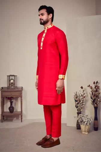 Red art silk embroidery kurta pajama