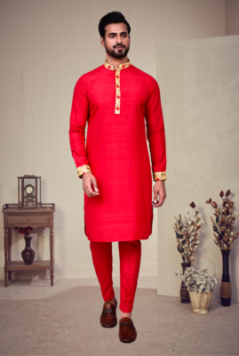 Red art silk embroidery kurta pajama 4