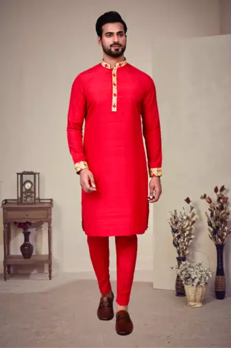 Red art silk embroidery kurta pajama