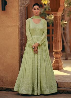 Green thread embroidered lucknowi anarkali gown with net dupatta 1